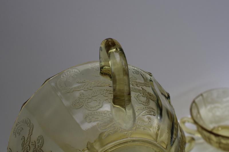 photo of vintage Madrid pattern yellow depression glass bowls, cream soup double handle cups #4