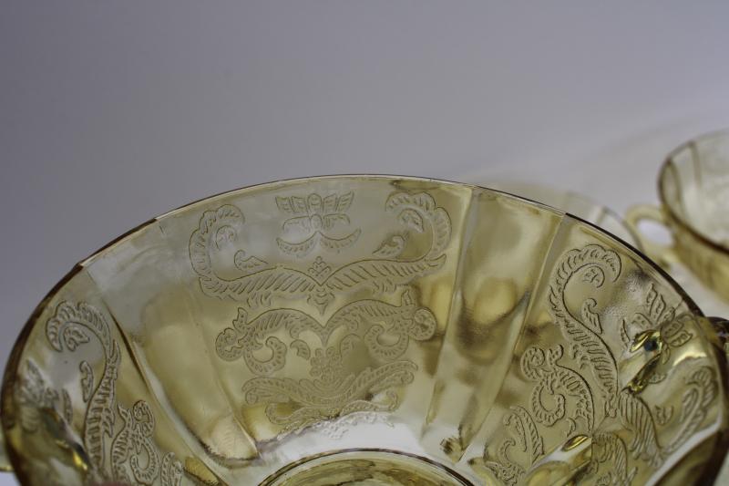 photo of vintage Madrid pattern yellow depression glass bowls, cream soup double handle cups #5