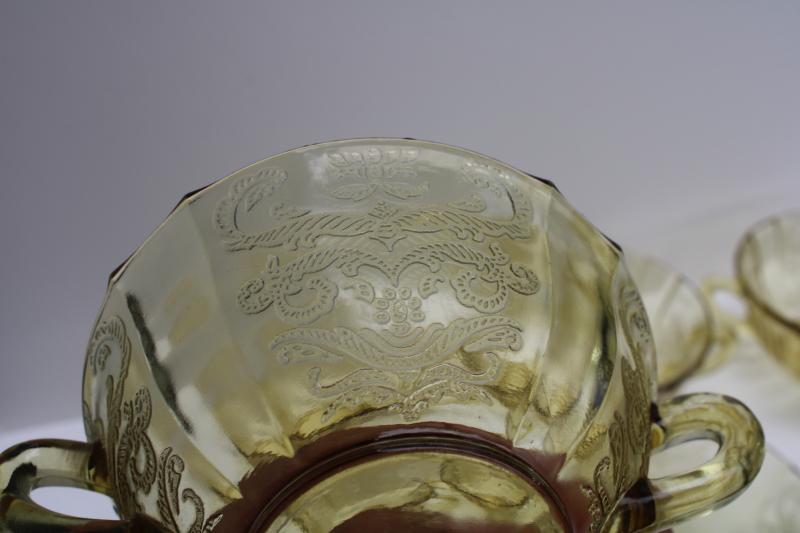 photo of vintage Madrid pattern yellow depression glass bowls, cream soup double handle cups #6