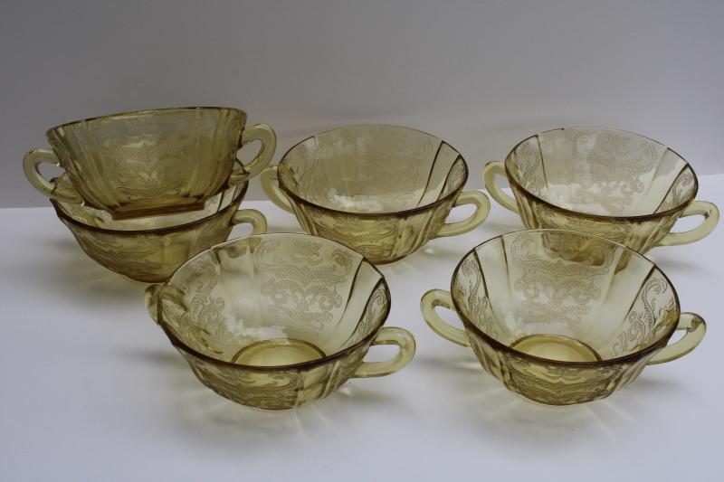 photo of vintage Madrid pattern yellow depression glass bowls, cream soup double handle cups #7