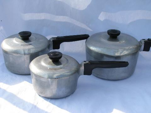 photo of vintage Magnalite aluminum cookware, Wagner Ware pots & pans set #1