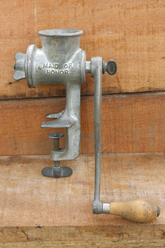 photo of vintage Maid of Honor cast iron meat grinder food chopper, hand crank kitchen tool  #1