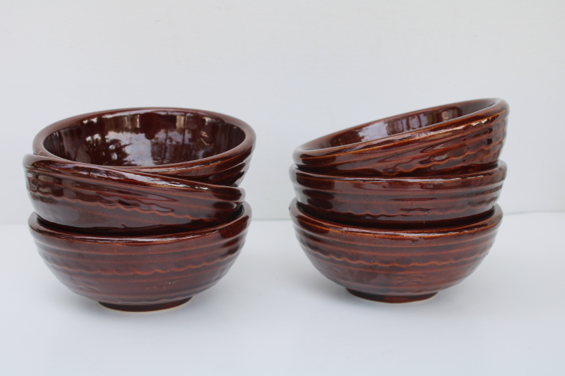 photo of vintage Marcrest brown glaze stoneware cereal, soup or chili bowls, daisy dot pattern #1