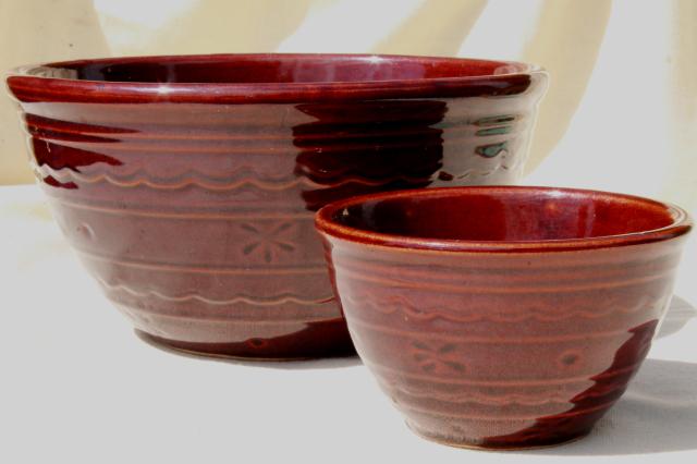 photo of vintage Marcrest daisy dot brown glaze stoneware pottery chip & dip serving bowls set #1