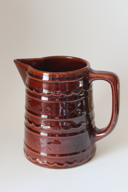 photo of vintage Marcrest daisy dot pattern pitcher, brown glaze stoneware pottery #1