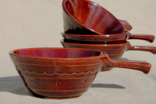 photo of vintage Marcrest daisy-dot brown stoneware pottery set of stick handled casseroles or soup bowls #3