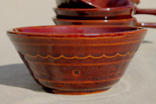 photo of vintage Marcrest daisy-dot brown stoneware pottery set of stick handled casseroles or soup bowls #4