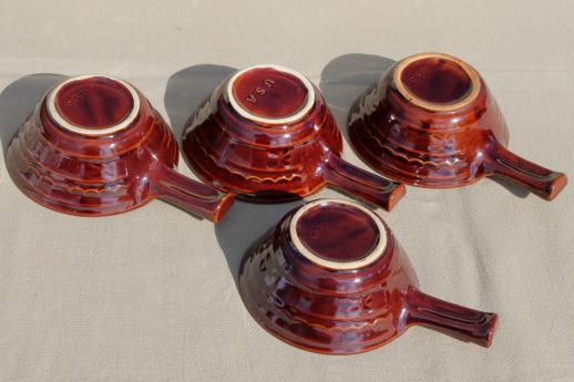 photo of vintage Marcrest daisy-dot brown stoneware pottery set of stick handled casseroles or soup bowls #6