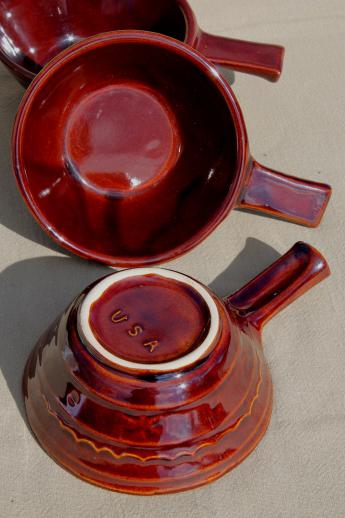 photo of vintage Marcrest daisy-dot brown stoneware pottery set of stick handled casseroles or soup bowls #8