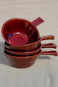 catalog photo of vintage Marcrest daisy-dot brown stoneware pottery set of stick handled casseroles or soup bowls