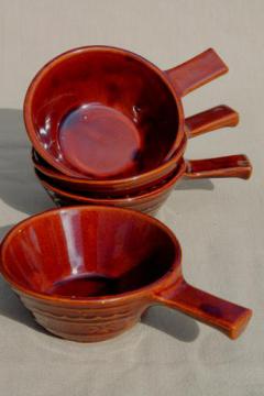 catalog photo of vintage Marcrest daisy-dot brown stoneware pottery set of stick handled casseroles or soup bowls