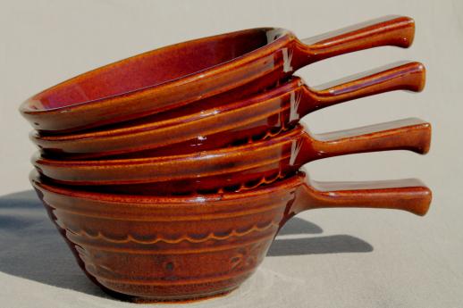 photo of vintage Marcrest daisy-dot brown stoneware pottery set of stick handled casseroles or soup bowls #1