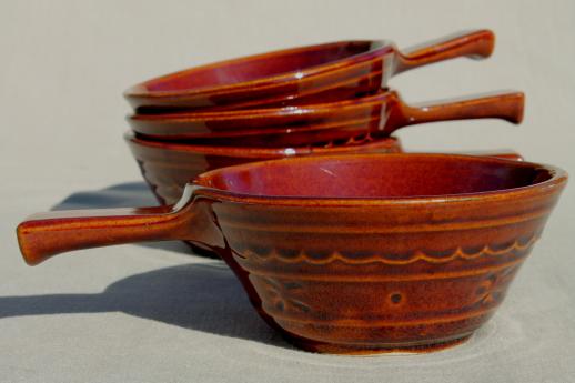 photo of vintage Marcrest daisy-dot brown stoneware pottery set of stick handled casseroles or soup bowls #3