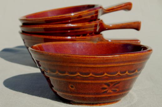 photo of vintage Marcrest daisy-dot brown stoneware pottery set of stick handled casseroles or soup bowls #4