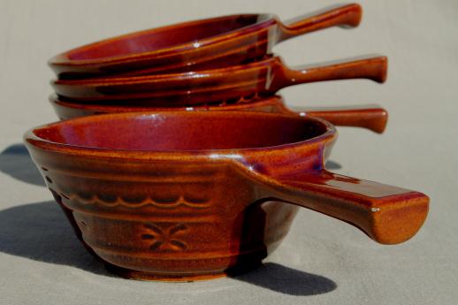 photo of vintage Marcrest daisy-dot brown stoneware pottery set of stick handled casseroles or soup bowls #5