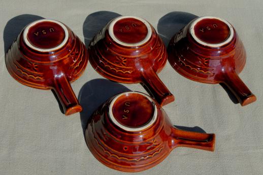 photo of vintage Marcrest daisy-dot brown stoneware pottery set of stick handled casseroles or soup bowls #6