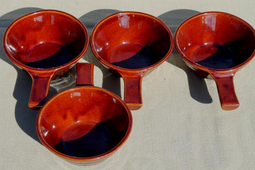 photo of vintage Marcrest daisy-dot brown stoneware pottery set of stick handled casseroles or soup bowls #7