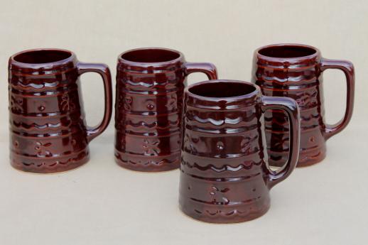 photo of vintage Marcrest pottery daisy dot brown stoneware mugs, tall tavern style cups #1