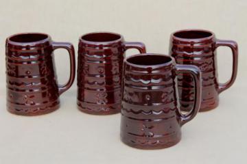 catalog photo of vintage Marcrest pottery daisy dot brown stoneware mugs, tall tavern style cups