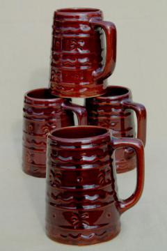 catalog photo of vintage Marcrest pottery daisy dot brown stoneware mugs, tall tavern style cups