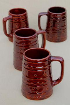 catalog photo of vintage Marcrest pottery daisy dot brown stoneware mugs, tall tavern style cups