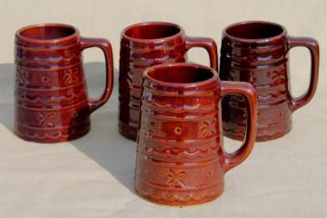 catalog photo of vintage Marcrest pottery daisy dot brown stoneware mugs, tall tavern style cups