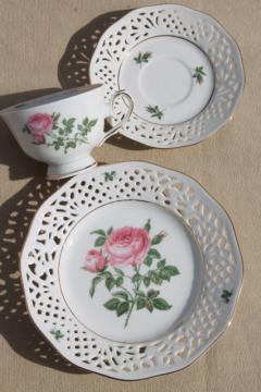 catalog photo of vintage Marienbad Germany lace edge china dessert plate, tea cup & saucer w/ pink rose