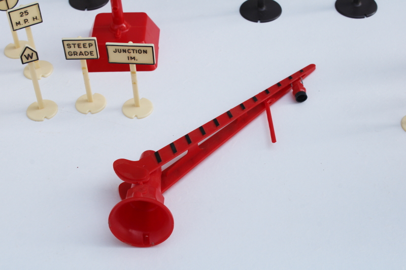 photo of vintage Marx plastic railroad crossing gate for O gauge train set, signs, telephone poles lot #5