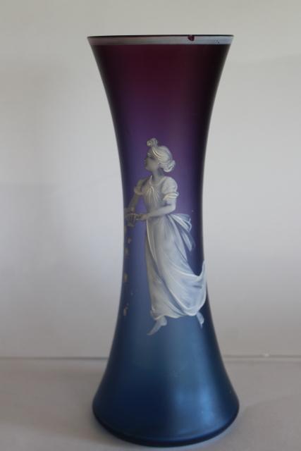 photo of vintage Mary Gregory hand painted glass vase, Bohemian or French glass satin shaded blue purple #1