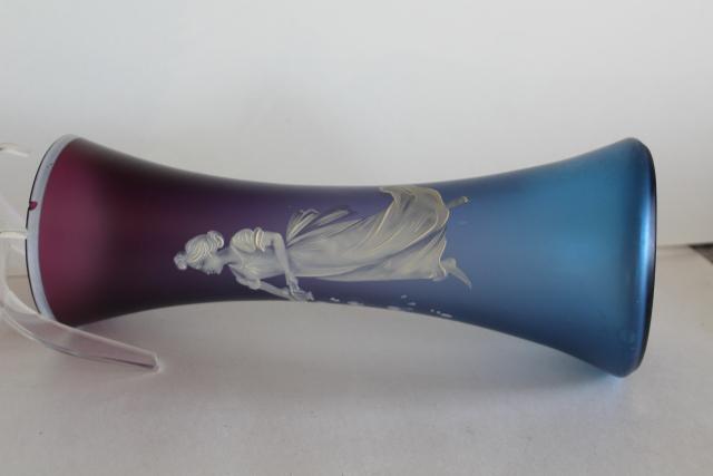 photo of vintage Mary Gregory hand painted glass vase, Bohemian or French glass satin shaded blue purple #3