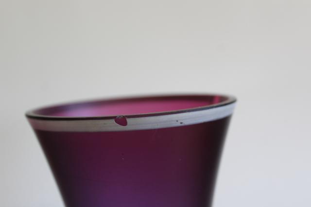 photo of vintage Mary Gregory hand painted glass vase, Bohemian or French glass satin shaded blue purple #6