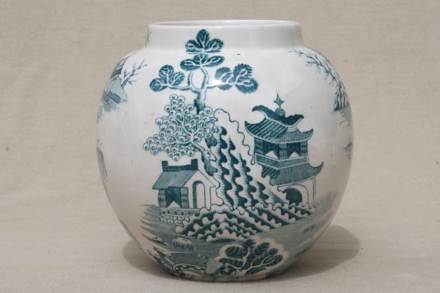 photo of vintage Mason's - England ironstone china, green blue willow pattern ginger jar vase #1