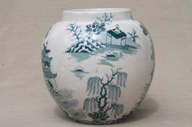 photo of vintage Mason's - England ironstone china, green blue willow pattern ginger jar vase #2