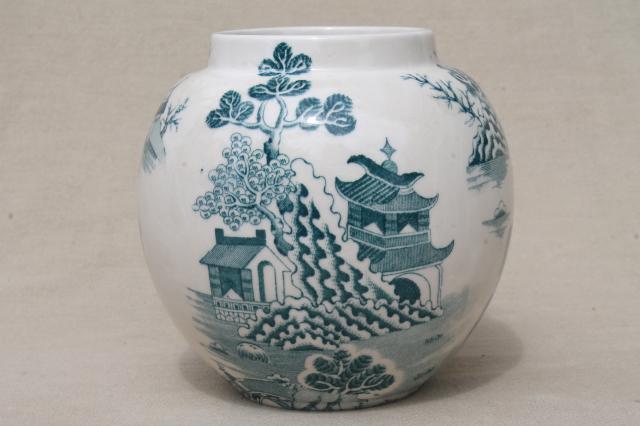 photo of vintage Mason's - England ironstone china, green blue willow pattern ginger jar vase #3