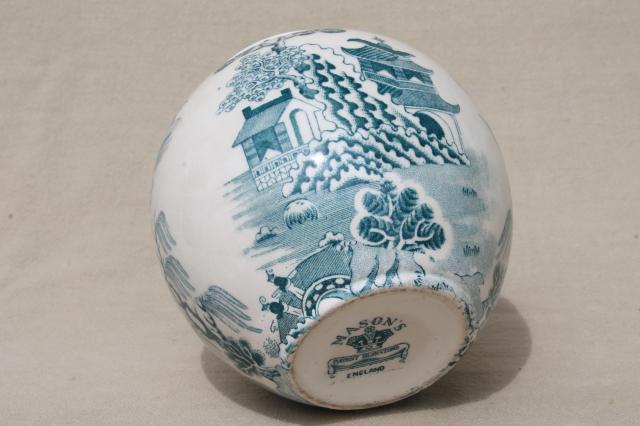 photo of vintage Mason's - England ironstone china, green blue willow pattern ginger jar vase #5