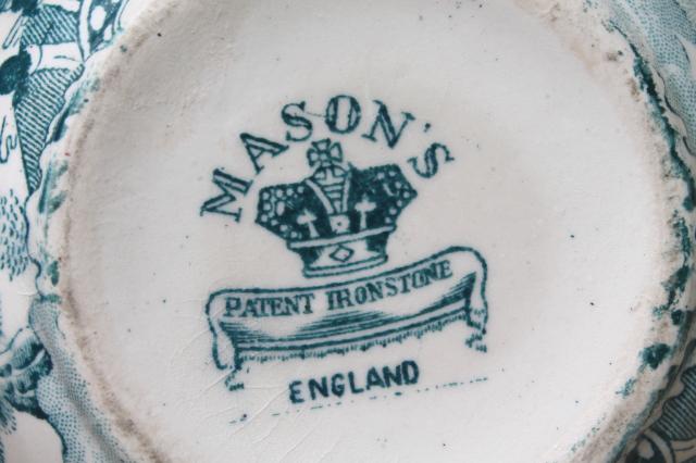 photo of vintage Mason's - England ironstone china, green blue willow pattern ginger jar vase #6