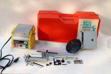 catalog photo of vintage Mattel Power Shop parts unit with case, toy shopsmith woodworking power tools