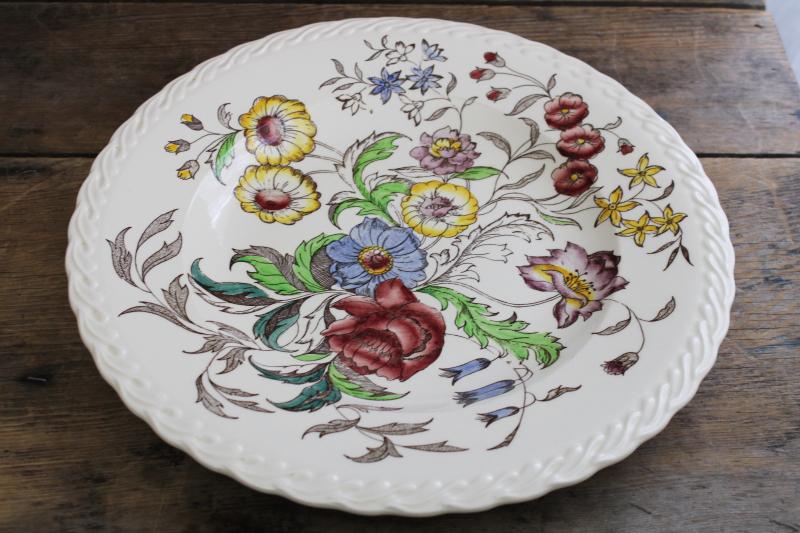photo of vintage May Flower Vernonn Kilns floral transferware, huge round tray or cake plate #4