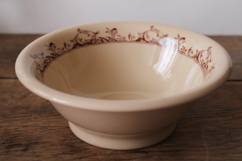 photo of vintage Mayer China cafe au lait tan ironstone bowl footed shape, Curtis brown print  #1