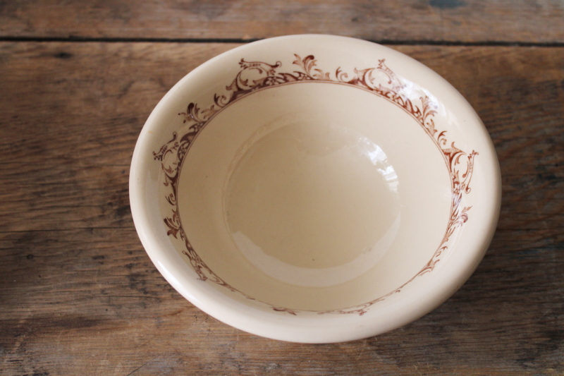 photo of vintage Mayer China cafe au lait tan ironstone bowl footed shape, Curtis brown print  #2