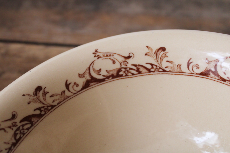 photo of vintage Mayer China cafe au lait tan ironstone bowl footed shape, Curtis brown print  #3