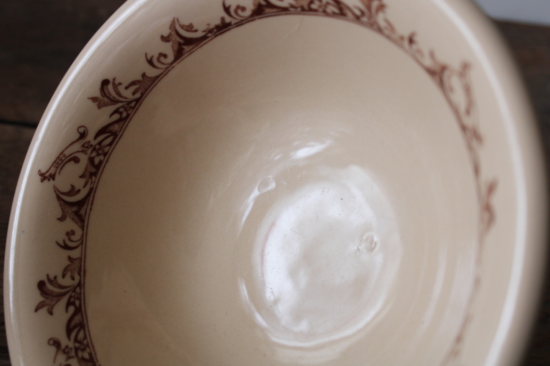 photo of vintage Mayer China cafe au lait tan ironstone bowl footed shape, Curtis brown print  #6