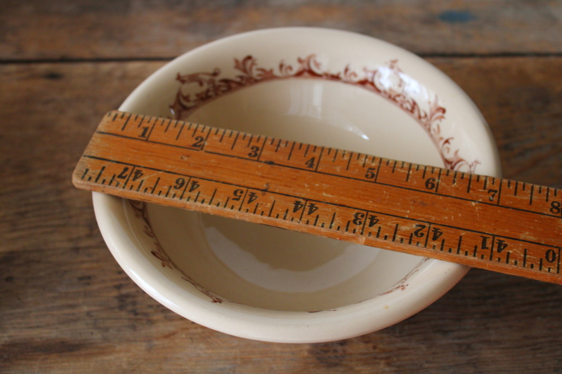 photo of vintage Mayer China cafe au lait tan ironstone bowl footed shape, Curtis brown print  #7