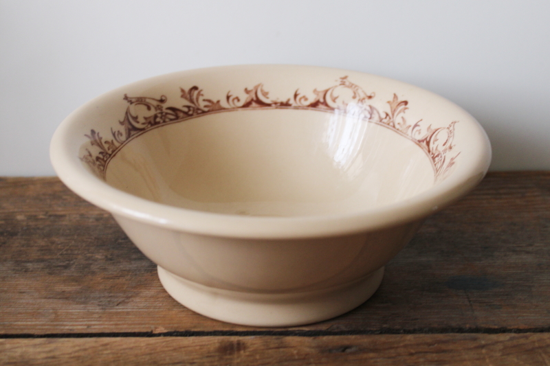 photo of vintage Mayer China cafe au lait tan ironstone bowl footed shape, Curtis brown print  #8