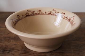 catalog photo of vintage Mayer China cafe au lait tan ironstone bowl footed shape, Curtis brown print 