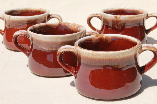 photo of vintage McCoy brown drip pottery onion soups, soup crocks or individual casseroles #1