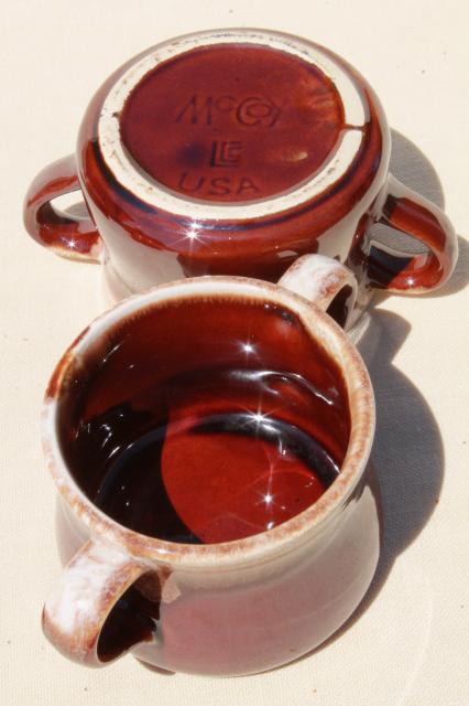 photo of vintage McCoy brown drip pottery onion soups, soup crocks or individual casseroles #4