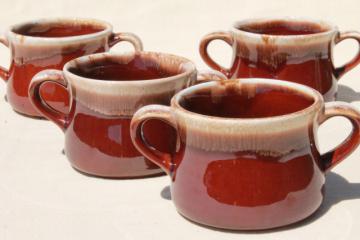 catalog photo of vintage McCoy brown drip pottery onion soups, soup crocks or individual casseroles