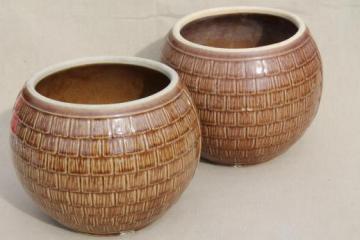 catalog photo of vintage McCoy cookie jar crocks, brown shingle round ball jar, jars only