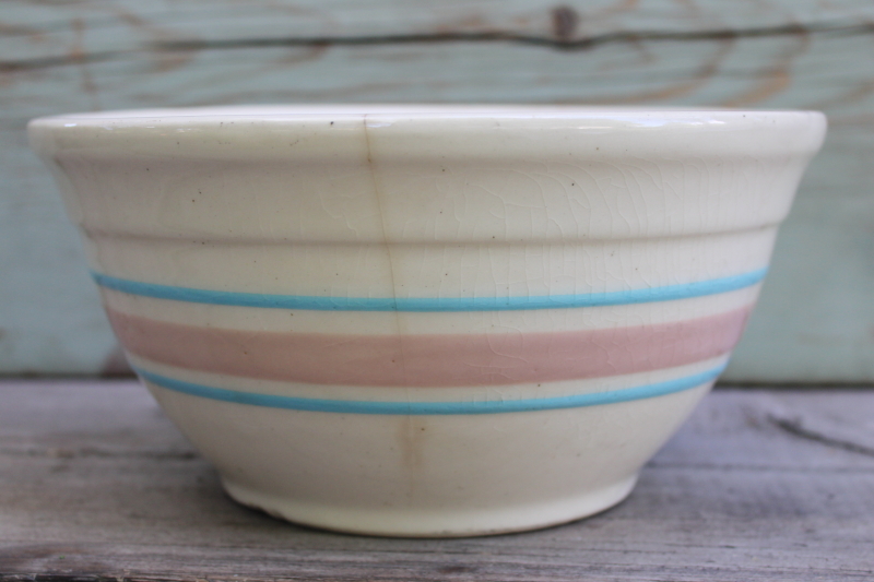 photo of vintage McCoy ovenware pottery pink & blue band mixing bowl very shabby 8 inch bowl #2